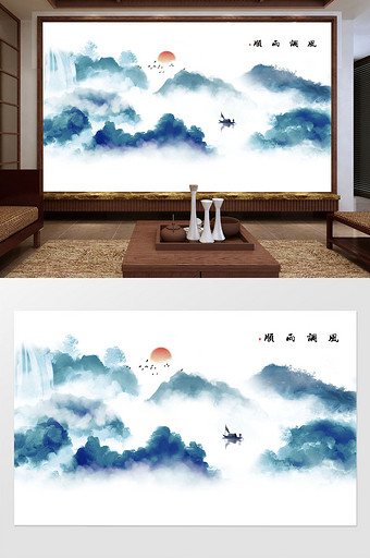 新中式水墨国画抽象山水壁画背景定制图片