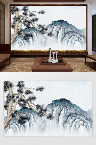 新中式松枝山水定制背景墙图片