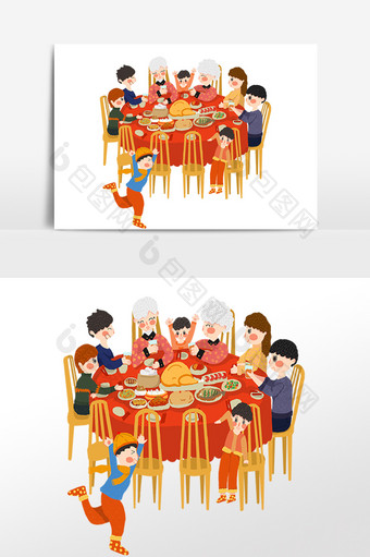 2019猪年手绘新年年夜饭春节全家人吃团圆饭插画素材图片
