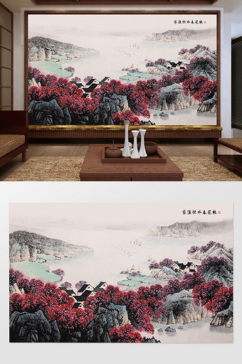 中国风水墨手绘桃花春水背景墙图片