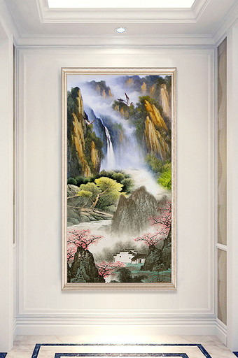 中式山水国画油画风景画瀑布图玄关装饰画图片