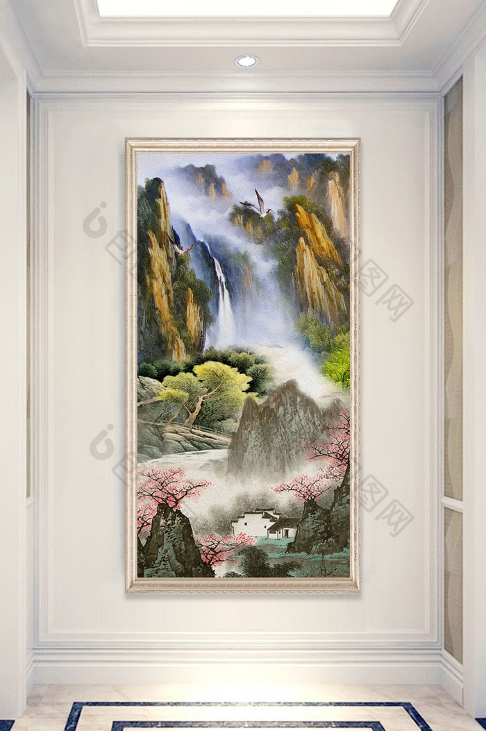 中式山水国画油画风景画瀑布图玄关装饰画图片图片