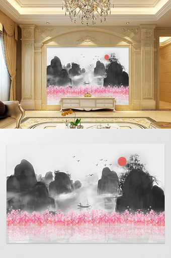 新中式山水国画水墨背景墙定制图片