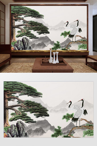 新中式唯美意境山峦松树定制电视背景墙定制图片