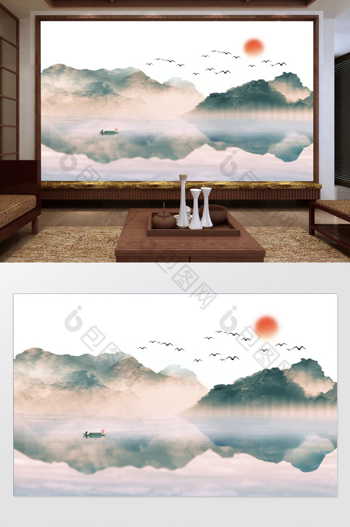 意境新中式山水国画水墨背景墙图片图片