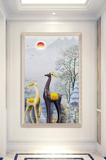 中式唯美森林鹿艺术玄关装饰画图片
