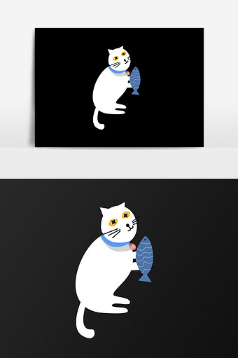 手绘猫抓小鱼插画元素图片