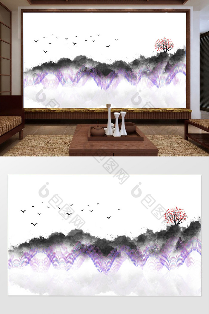 新中式山水国画水墨背景墙风情图片图片