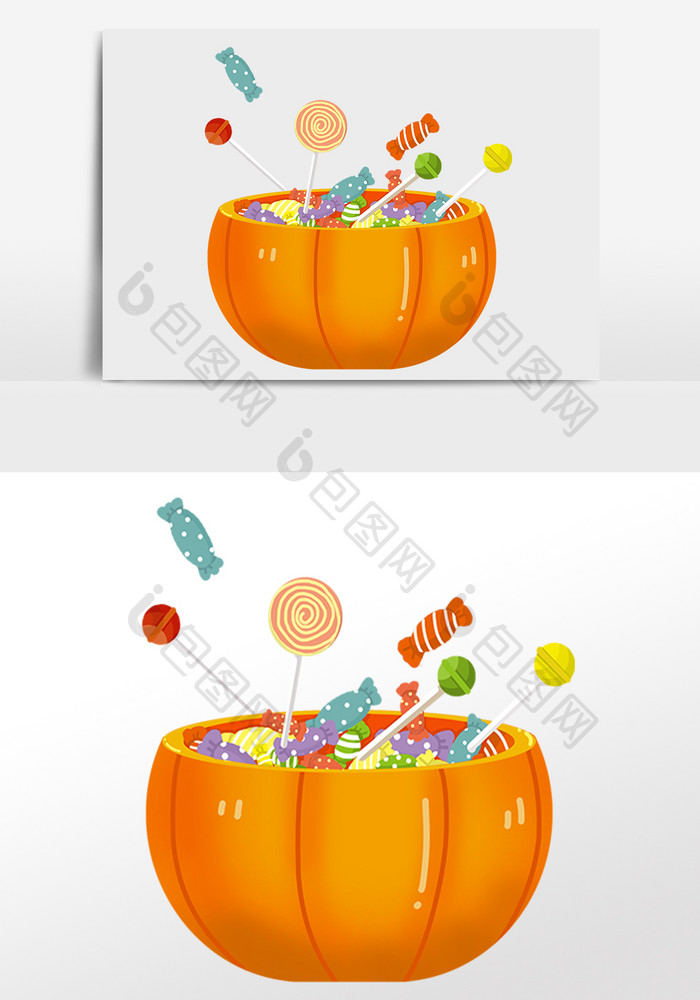 手绘万圣节南瓜糖果篮插画