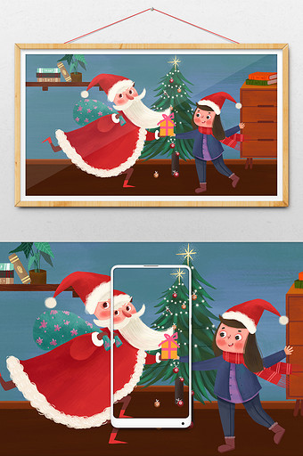 圣诞节圣诞老人送小女孩礼物手绘插画海报图片