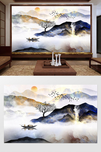 中式抽象山水画客厅背景墙壁画图片