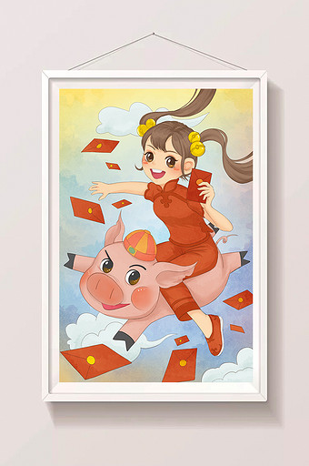 红色喜庆中国风女孩和猪发红包插画图片