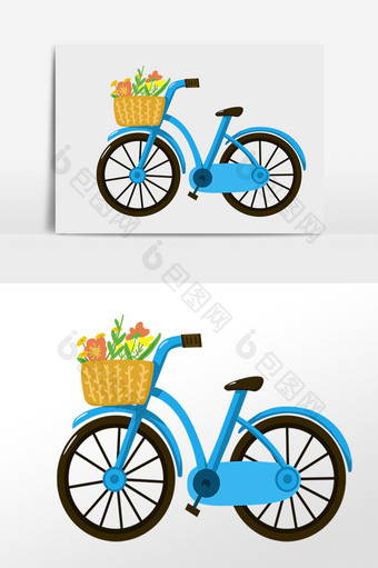 蓝色的自行车，篮子里有五颜六色的花图片