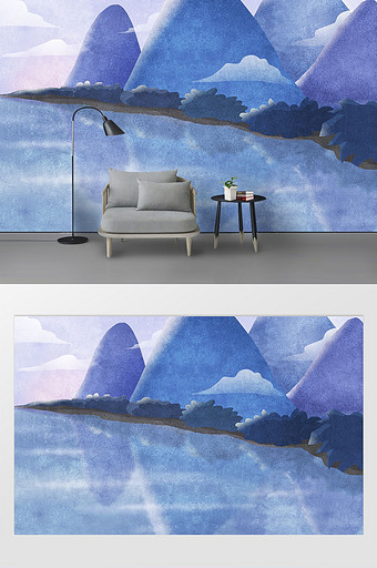 现代北欧水彩远山飞鸟树林背景墙图片