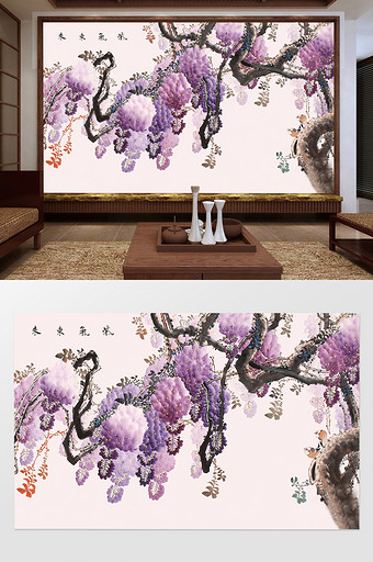 中国风水墨手绘紫气东来葡萄藤背景墙图片
