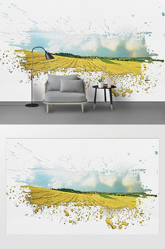现代油画彩绘麦田喷溅水墨背景墙图片