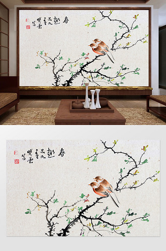 中国风手绘工笔画花鸟背景墙图片