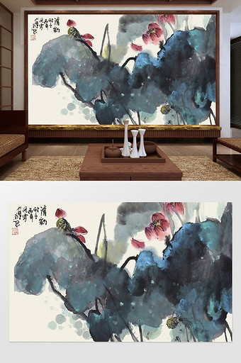 中国风水墨手绘荷花清韵背景墙图片
