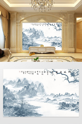 中国风水墨山水工笔国画电视背景墙图片