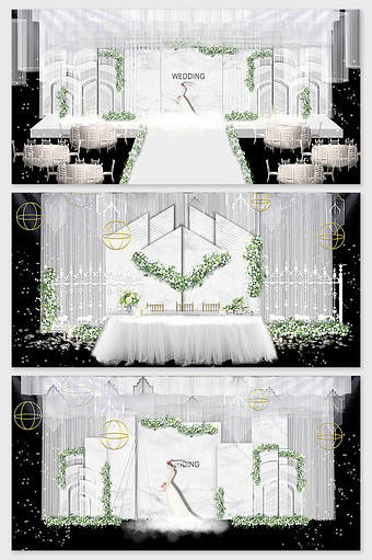 现代简约白绿小清新婚礼舞台效果图图片