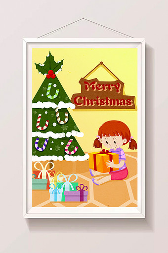 圣诞节拆礼物的小女孩圣诞树木牌手绘插画图片