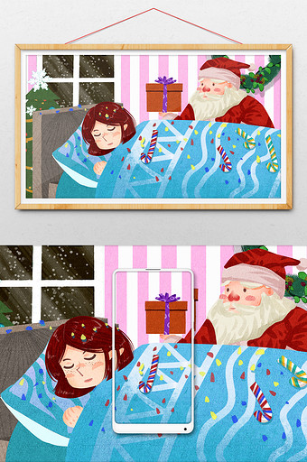 可爱夜晚圣诞节圣诞老人送礼物插画图片