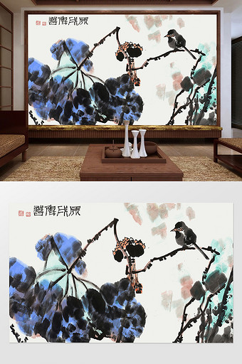 中国风简约水墨手绘花鸟荷花背景墙图片