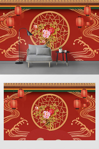 红色中式古典影楼婚纱写真摄影工装背景墙图片