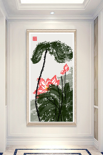 中国风手绘淡彩水墨植物荷花玄关装饰画图片
