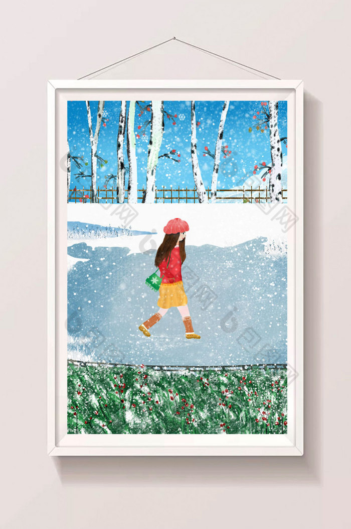 红帽子女孩在冬日里赏雪漫步图片