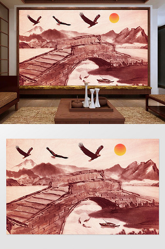 新中式山水大鹰背景墙图片
