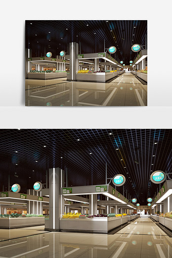 现代商场水产市场超市门面店铺整体3d模型图片