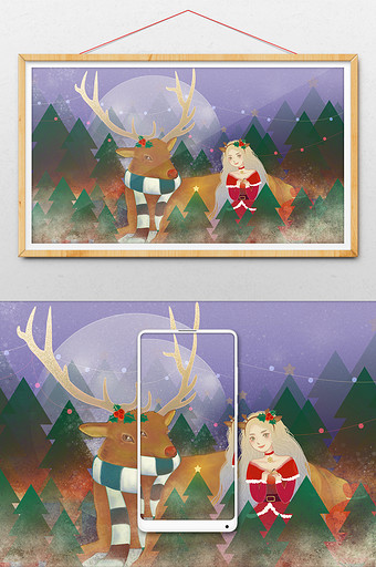 欢度平安夜圣诞森林麋鹿与圣诞女孩唯美插画图片