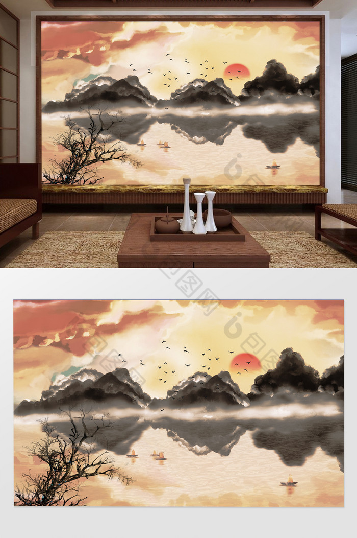 新中式晚霞枯树山水风景背景墙图片图片