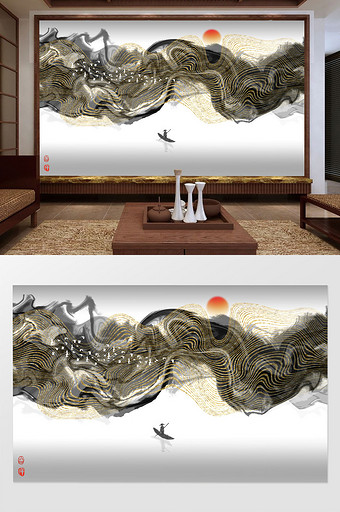 中式禅意抽象山水背景壁画图片