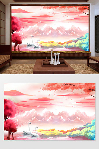 中国风彩绘梦幻粉色中式电视背景墙图片