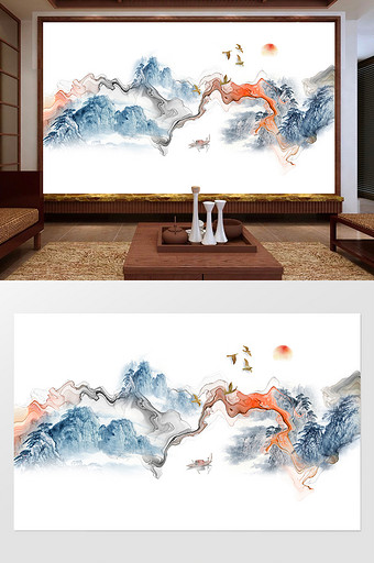 中式彩色山水背景装饰画图片