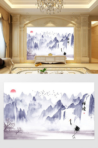 新中式水墨画抽象山水定制背景墙图片
