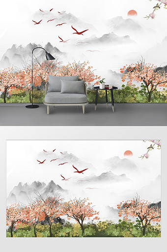 新中式个性意境清新山水背景墙定制图片