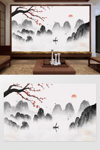 新中式意境水墨花枝山水背景墙定制图片