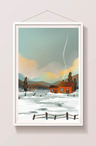 红房子雪景插画背景图片