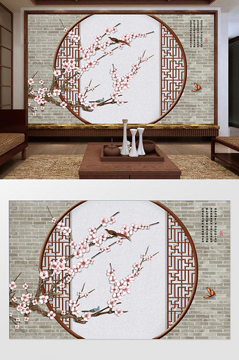 新中式创意墙面屏风梅花树枝花鸟电视机背景图片