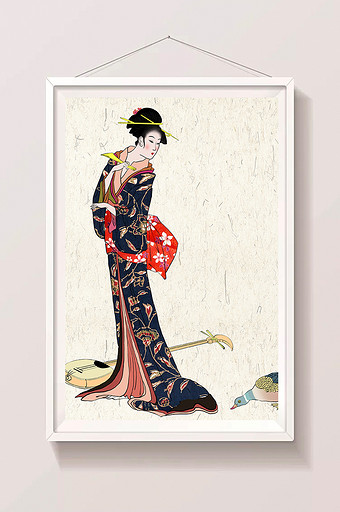 浮世绘艺妓弹琴美女侍女图线描插画图片