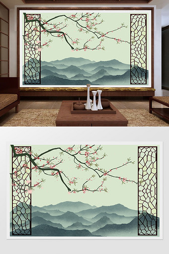 中式意境山隔断屏风花枝山脉背景墙定制图片