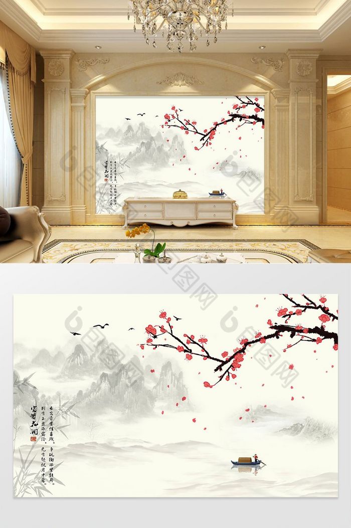 中式花开富贵风景背景墙图片图片