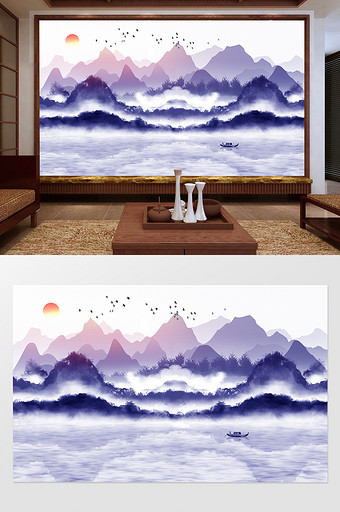 新中式山水唯美意境水墨画电视背景墙图片