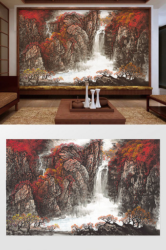 新中式抽象红色山水枫林背景墙图片