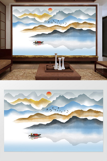 中式意境山水背景装饰壁画图片