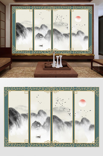 新中式抽象山水日出飞鸟背景壁画图片