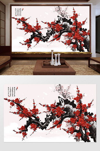 中国风水墨手绘花鸟红梅报喜电视背景墙图片